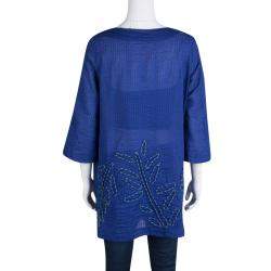 مملوكة مسبقًا Diane Von Furstenberg Blue Seersucker Beaded Applique Detail Tunic M