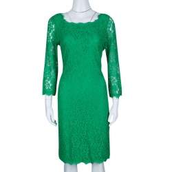 Pre Owned Diane Von Furstenberg Green Zarita Long Sleeve Lace Dress L