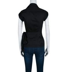 Pre Owned Diane Von Furstenberg Black Cotton Contrast Stitch Detail Wrap Shirt XS