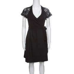 Pre Owned Diane Von Furstenberg Black Floral Lace Sleeve Detail Elizabeth Wrap Dress XS