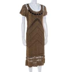 Pre Owned Diane Von Furstenberg Dull Gold Perforated Crochet Knit Kalakaua Dress L