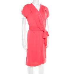 Pre Owned Diane Von Furstenberg Pink Nectar Pleated Trim Mateo Belted Silk Dress M