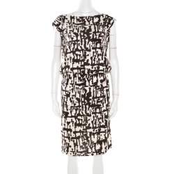 Pre Owned Diane von Furstenberg Brown and White Printed Silk Jersey Boat Neck Dress M