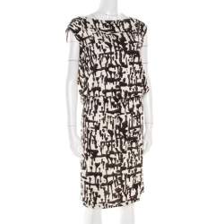 Pre Owned Diane von Furstenberg Brown and White Printed Silk Jersey Boat Neck Dress M