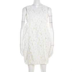 Pre Owned Diane Von Furstenberg White and Lime Floral Lace Sleeveless Clydeena Dress M