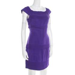 Pre Owned Diane von Furstenberg Purple Pleated Silk Square Neck Merle Dress S