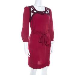 Diane von Furstenberg Burgundy Crepe Cut Out Neck Detail Belted Jadey Dress S