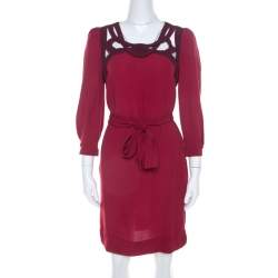 Diane von Furstenberg Burgundy Crepe Cut Out Neck Detail Belted Jadey Dress S