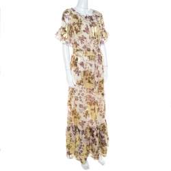 Pre Owned Diane Von Furstenberg Raisin Floral Print Lurex Insert Ruffled Jane Maxi Dress S
