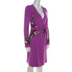 Pre Owned Diane von Furstenberg Crepe Floral Applique Violette Soft Iris Wrap Dress XS
