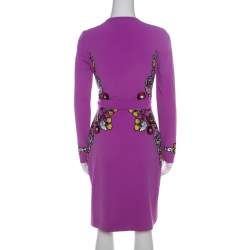 Pre Owned Diane von Furstenberg Crepe Floral Applique Violette Soft Iris Wrap Dress XS