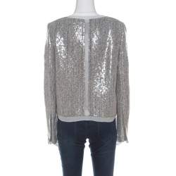 Pre Owned Diane von Furstenberg Silver Sequin Embellished Tweed Tamali Jacket L