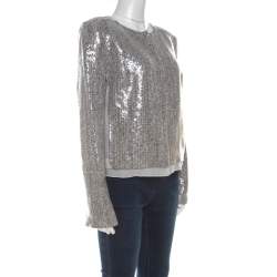Pre Owned Diane von Furstenberg Silver Sequin Embellished Tweed Tamali Jacket L