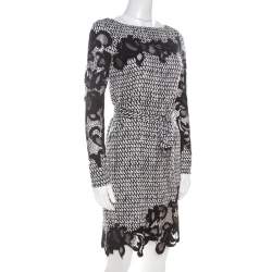 Pre Owned Diane von Furstenberg Monochrome Geometric Print Silk Floral Lace Appliqué Ernestina Dress XS