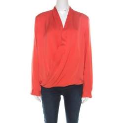 Pre Owned Diane von Furstenberg Brick Red Silk Cross Over Front Issie Blouse L
