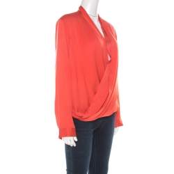 Pre Owned Diane von Furstenberg Brick Red Silk Cross Over Front Issie Blouse L