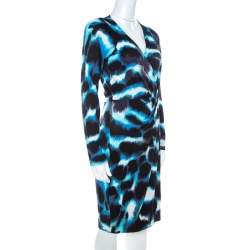 Pre Owned Diane Von Furstenberg Blue Printed Silk Wrap Begona Dress M
