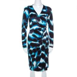Pre Owned Diane Von Furstenberg Blue Printed Silk Wrap Begona Dress M