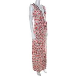 Pre Owned Diane von Furstenberg Coral Pink Floral Print Keyhole Neck Dress L