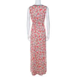 Pre Owned Diane von Furstenberg Coral Pink Floral Print Keyhole Neck Dress L