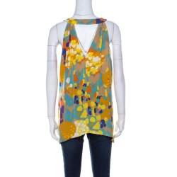 Pre Owned Diane von Furstenberg Multicolor Printed V-Neck Asymmetric Hem Sleeveless Top L