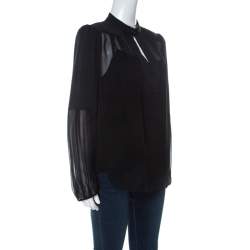 Pre Owned Diane Von Furstenberg Black Chiffon Bishop Sleeve Isolde Top L