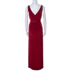 Pre Owned Diane von Furstenberg Red Silk Asymmetric Side Slit Gown S