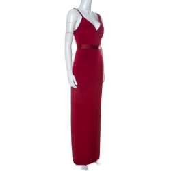Pre Owned Diane von Furstenberg Red Silk Asymmetric Side Slit Gown S