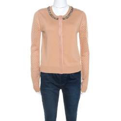 Pre Owned Diane Von Furstenberg Camel Wool Blend Perforated Sleeve Detail Donna Cardigan M