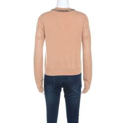Pre Owned Diane Von Furstenberg Camel Wool Blend Perforated Sleeve Detail Donna Cardigan M