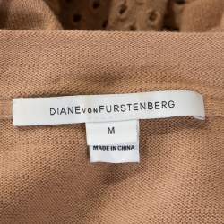 Pre Owned Diane Von Furstenberg Camel Wool Blend Perforated Sleeve Detail Donna Cardigan M