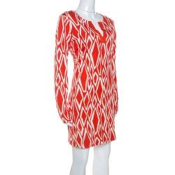 Pre Owned Diane Von Furstenberg Coral Red Ikat Print Silk Reina Long Sleeve Dress L