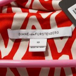 Pre Owned Diane Von Furstenberg Coral Red Ikat Print Silk Reina Long Sleeve Dress L