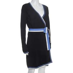 Pre Owned Diane Von Furstenberg Black Knit Striped Detail Wrap Dress S 