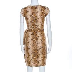 Pre Owned Diane Von Furstenberg Brown Snake Print Silk Kye Wrap Dress S