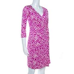 Pre Owned Diane Von Furstenberg Pink Printed Silk New Julian Two Wrap Dress XS