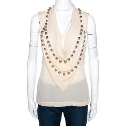 Pre Owned Diane Von Furstenberg Cream Silk Silver Balls Embellished Amya Solid Top L