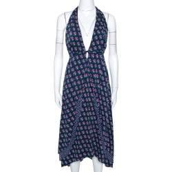Pre Owned Diane Von Furstenberg Navy Blue Zen Floral Print Silk Leyland Halter Dress XL