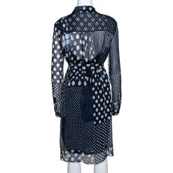 Pre Owned Diane Von Furstenberg Indigo Patchwork Print Silk Prita Long Shirt Dress L