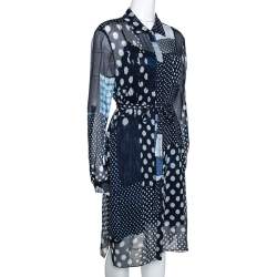 Pre Owned Diane Von Furstenberg Indigo Patchwork Print Silk Prita Long Shirt Dress L