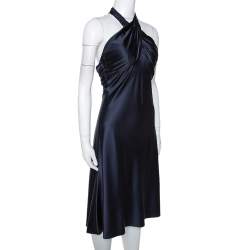 Pre Owned Diane Von Furstenberg Midnight Blue Stretch Silk Halter Neck William Dress M