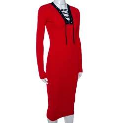 Pre Owned Diane Von Furstenberg Bright Red Rib Knit Lace Up Midi Dress XXS