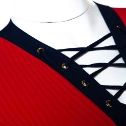 Pre Owned Diane Von Furstenberg Bright Red Rib Knit Lace Up Midi Dress XXS