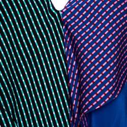 Pre Owned Diane von Furstenberg Blue Printed Color Block Silk Ruffled Blouse L