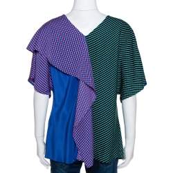 Pre Owned Diane von Furstenberg Blue Printed Color Block Silk Ruffled Blouse L