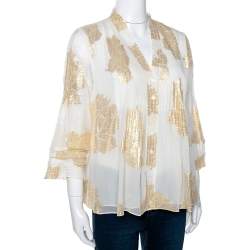 Pre Owned Diane von Furstenberg Cream Brocade Silk Pleated Layla Top M