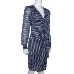 Pre Owned Diane Von Furstenberg Navy Blue Printed Silk Sigourney Two Wrap Dress S