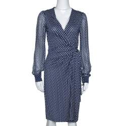 Pre Owned Diane Von Furstenberg Navy Blue Printed Silk Sigourney Two Wrap Dress S