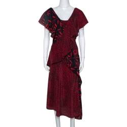 Pre Owned Diane Von Furstenberg Red Printed Silk Cross Over Ruffle Detail Midi Dress S 