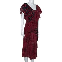 Pre Owned Diane Von Furstenberg Red Printed Silk Cross Over Ruffle Detail Midi Dress S 